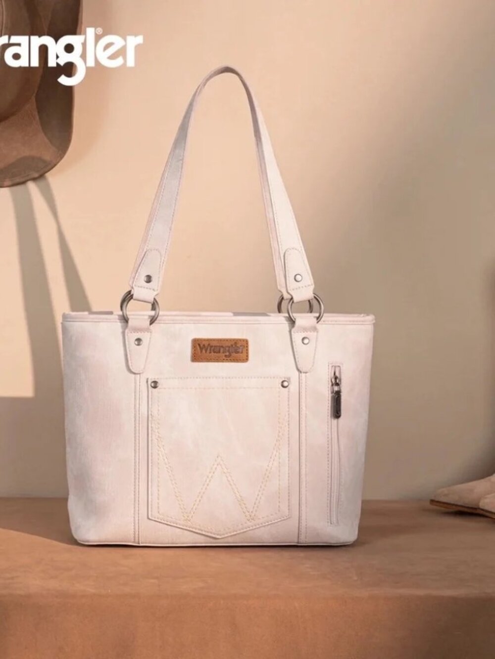 Wrangler "W" Stitch Water Repellent Denim Pocket Zippered Tote Bag- Beige